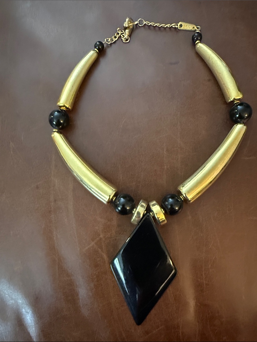 Vintage Safi Gold and Black Statement Necklace with Geometric Pendant